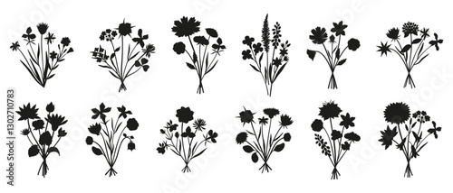 Wildflower silhouette bouquets set. Hand-drawn different meadow flowers, herbs, and wild plants. Botanical elements for design projects. Minimal style, vector illustration
