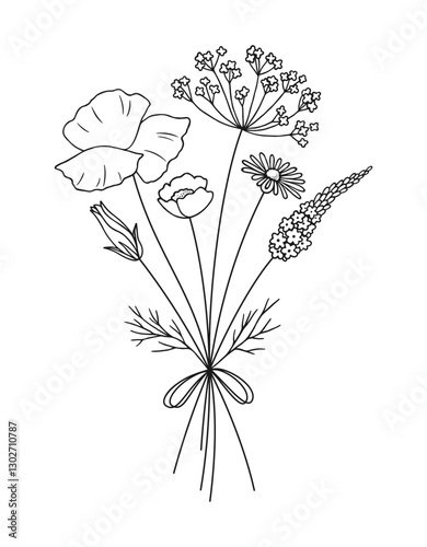 Wildflower line art bouquet. Hand drawn flowers, meadow herbs, wild plants, and botanical elements for design projects. Vector illustration