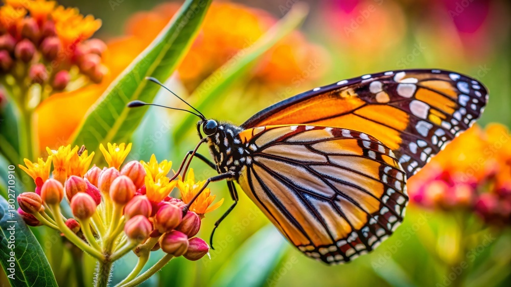 Fototapeta premium Monarch Butterfly on Milkweed: A Symbiotic Relationship Close-Up Drone Shot