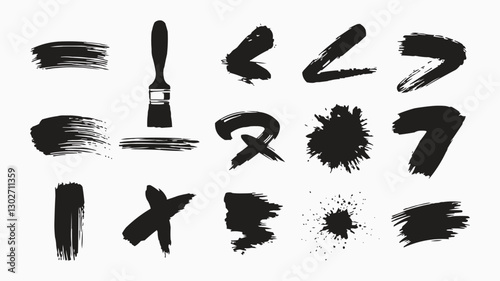 High-Resolution Digital Illustration of Unique Black Paint Brush Strokes in a Grid Layout with Varying Textures and Artistic Styles on a White Background