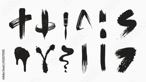 High-Resolution Digital Illustration of Unique Black Paint Brush Strokes in a Grid Layout with Varying Textures and Artistic Styles on a White Background