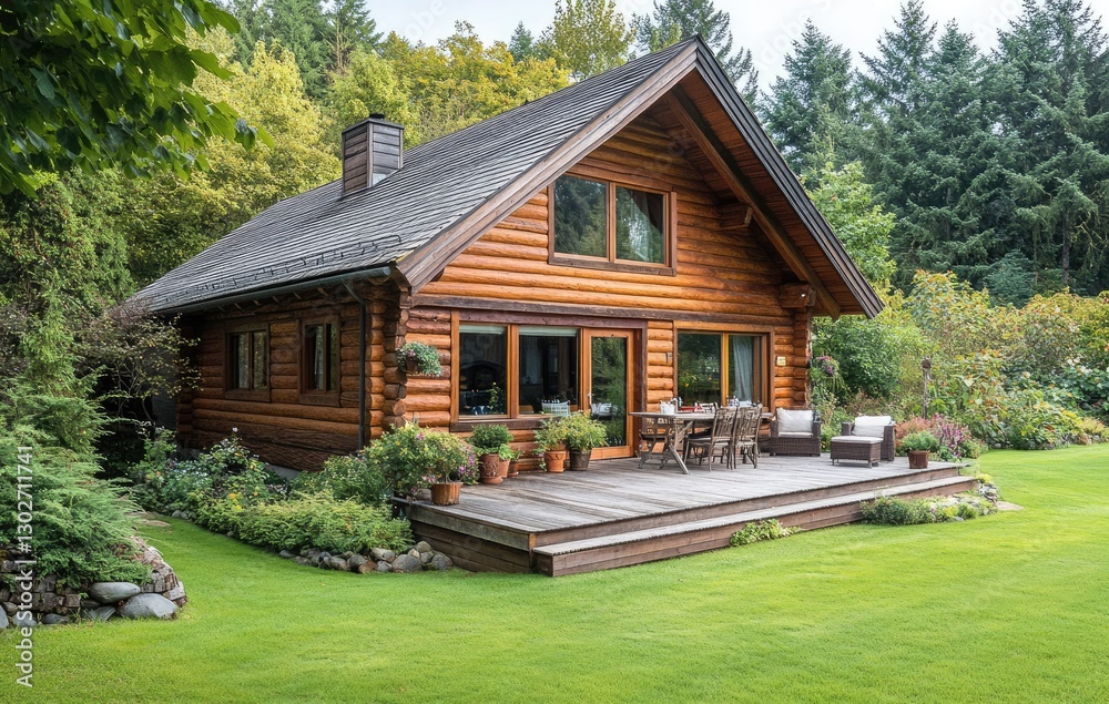 A rustic log cabin nestled in a garden, featuring wooden cladding and a gable roof in a natural wood color. A rustic log cabin nestled in a garden, featuring wooden cladding and a gable roof in a natural wood color.