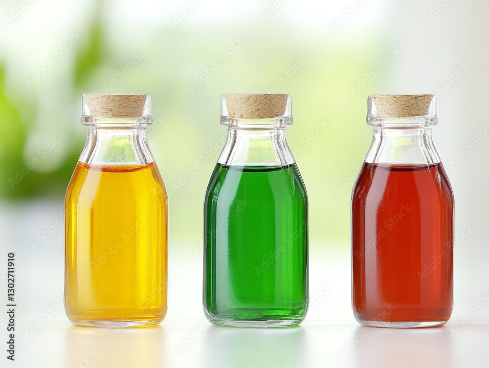 Three small glass bottles with yellow green and red liquid solutions in laboratory setting science experiment concept