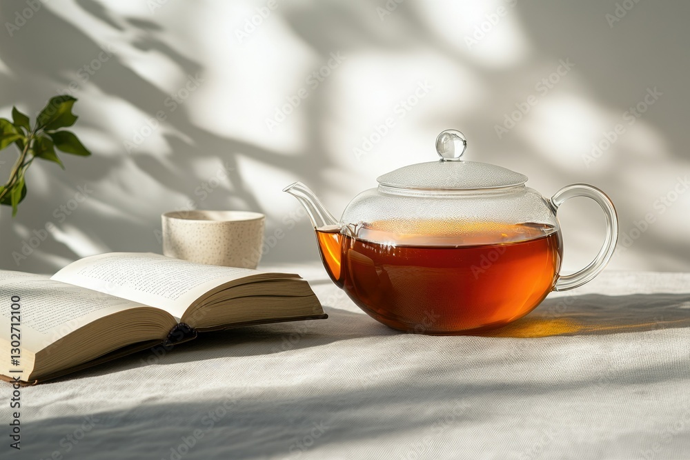 High Detail Picture of Cup of Tea with Teapot and Book High Detail Picture of Cup of Tea with Teapot and Book