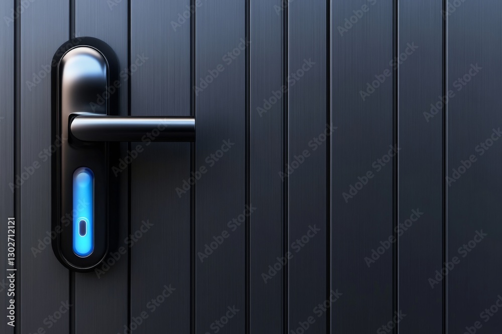 Obraz premium Door handle with smart locking mechanism on a modern wooden door panel in a contemporary setting