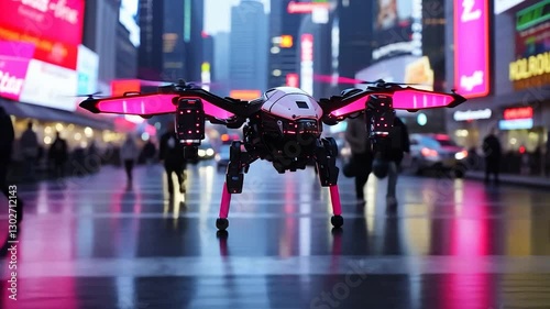 A futuristic drone with pink lights navigates a bustling urban street filled with neon signs