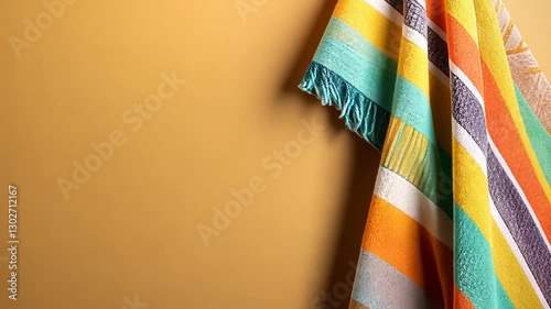 Colorful striped towel hanging against a warm yellow wall, enhancing a cozy atmosphere