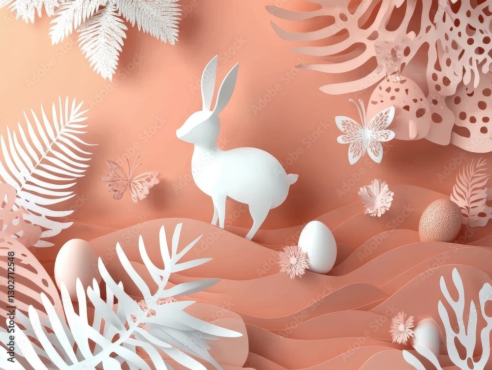 Obraz premium Whimsical 3D Paper Art: White Rabbit's Easter Celebration in a Floral Spring Forest