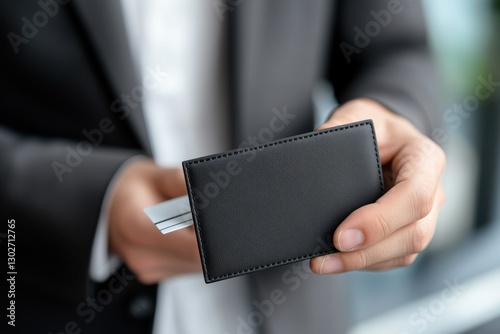 Business professional presenting black leather card holder in office setting