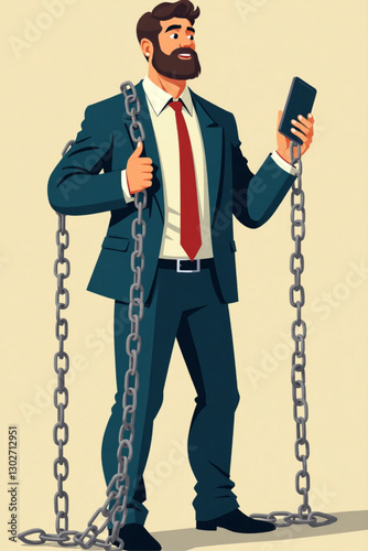Social Media Addiction Enslaving Businessman Chained to Massive Commercial Icon