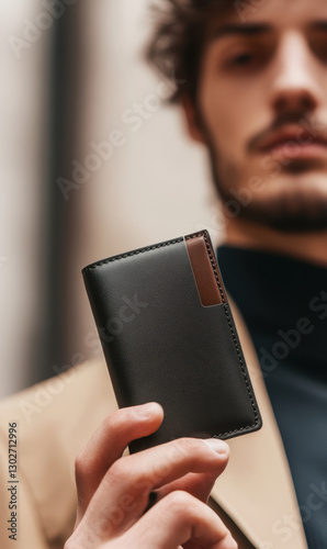 Young caucasian male holding black leather wallet