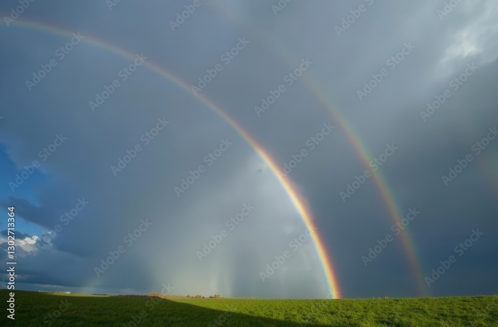 Double rainbow over green field under stormy sky Double rainbow over green field under stormy sky