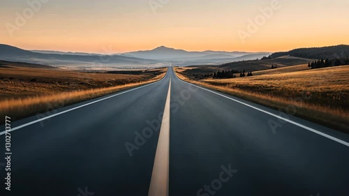 Scenic highway and road stretch into horizon, surrounded by tranquil mountains and rural fields at sunset, creating serene landscape for travel enthusiasts in nature.