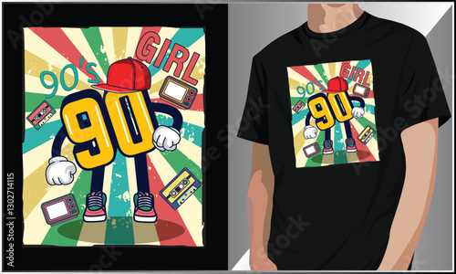 Print90's Girl T Shirt Design, Vintage 90's Theme Party Costume Vector, 1990s Fashion, Retro Cassette Tape T-Shirt, Vintage 90s Vector Illustration, 90's Girl Retro Vibes Illustration.