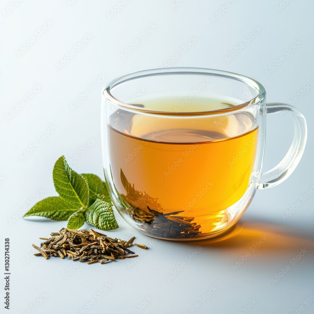 Holistic wellness mindfulness approach concept. A clear glass mug holds brewed tea, accompanied by fresh mint leaves and loose tea leaves on the surface. Holistic wellness mindfulness approach concept. A clear glass mug holds brewed tea, accompanied by fresh mint leaves and loose tea leaves on the surface.
