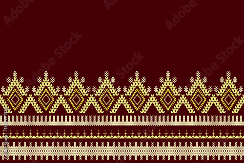 Ikat cross stitch geometric embroidery seamless knitted pattern on damask background. Perfect decorative design for sweater, fabric, decoration, illustration, ornament, texture, textile, interior
