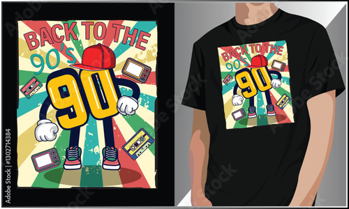Back To The 90's T Shirt Design, 90's Theme Party Costume Vector, 1990s Fashion, Retro Cassette Tape T-Shirt, 90's Vibe Retro Vibes Nostalgic Illustration, Vintage 90s Vector Illustration.
