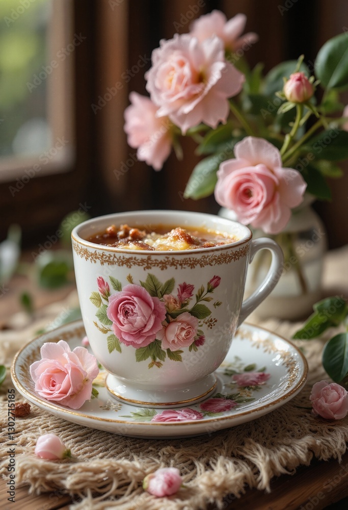 Cup of soup with flowers on wooden table Cup of soup with flowers on wooden table