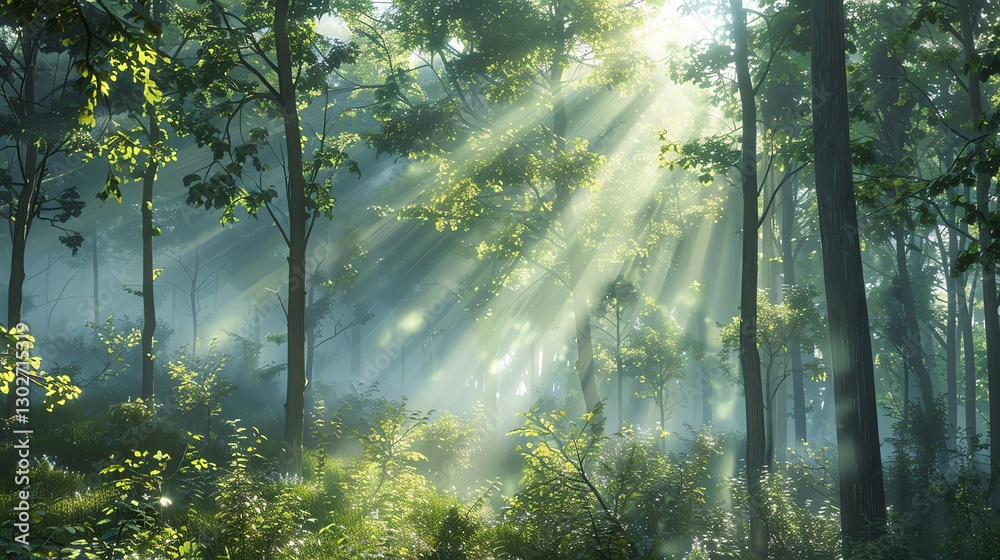 Obraz premium Sunlight beams through a lush, green forest.