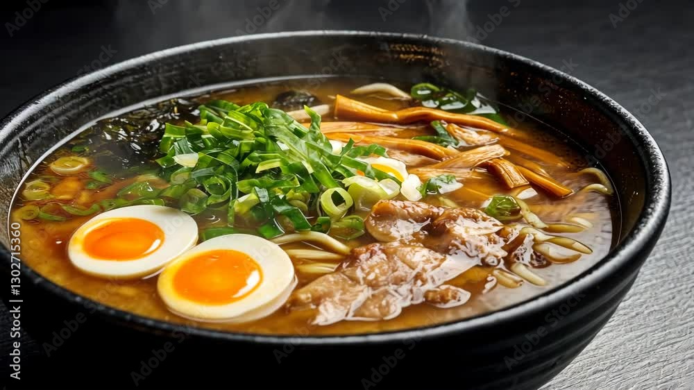 Delicious Japanese ramen soup with steaming broth, flavorful noodles, soft boiled eggs, tender meat, and fresh green onions for comforting cuisine experience. Delicious Japanese ramen soup with steaming broth, flavorful noodles, soft boiled eggs, tender meat, and fresh green onions for comforting cuisine experience.