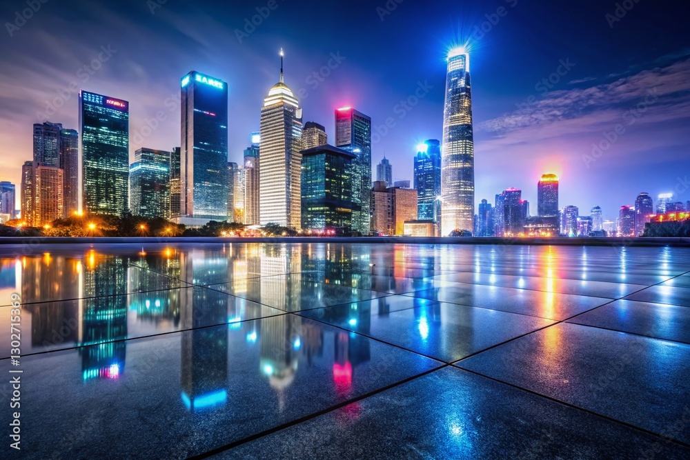 Obraz premium Night Cityscape Reflection - Polished Concrete, Urban Skyline, Downtown