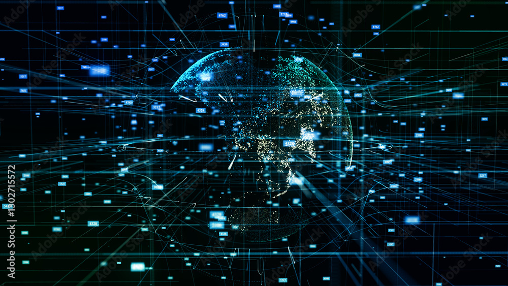 Virtual planet Earth with data connection network. Technological digital globe world background. Abstract sphere with particles and lines. Security artificial intelligence of planet. 3D rendering. Virtual planet Earth with data connection network. Technological digital globe world background. Abstract sphere with particles and lines. Security artificial intelligence of planet. 3D rendering.