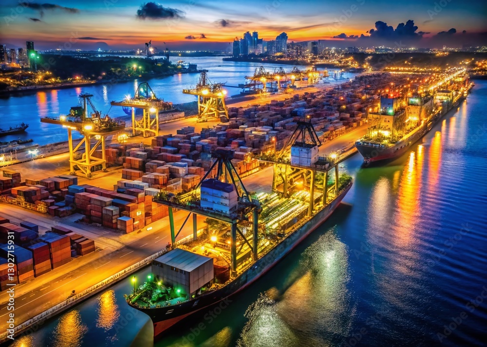 Fototapeta premium Night Harbor: Ships Moored at Port, Illuminated Docks, Dark Water