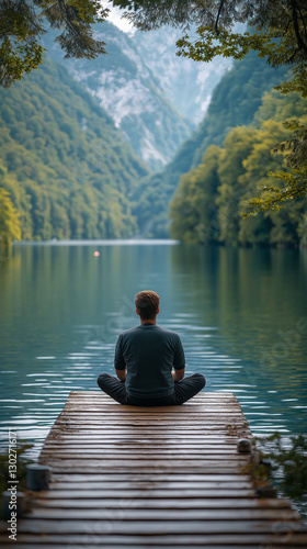 meditation. man sitting on pier. mountain landscape and lake background