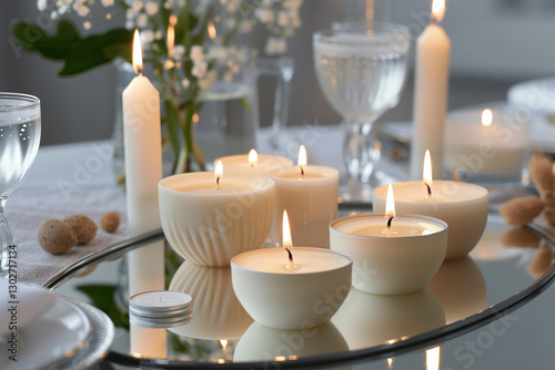 A set of artisanal candles infused with aphrodisiac scents, arranged on a mirrored tray for a sensual candlelit dinner.