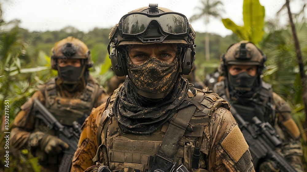 Fototapeta premium Soldiers in camouflage gear in jungle.