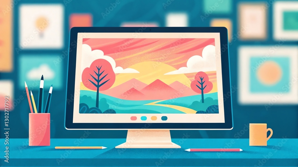 Colorful digital landscape art displayed on a computer screen with art supplies.