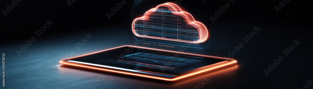 Obraz premium Cloud based file storage concept. Digital cloud concept above a tablet with glowing effects and data visuals.