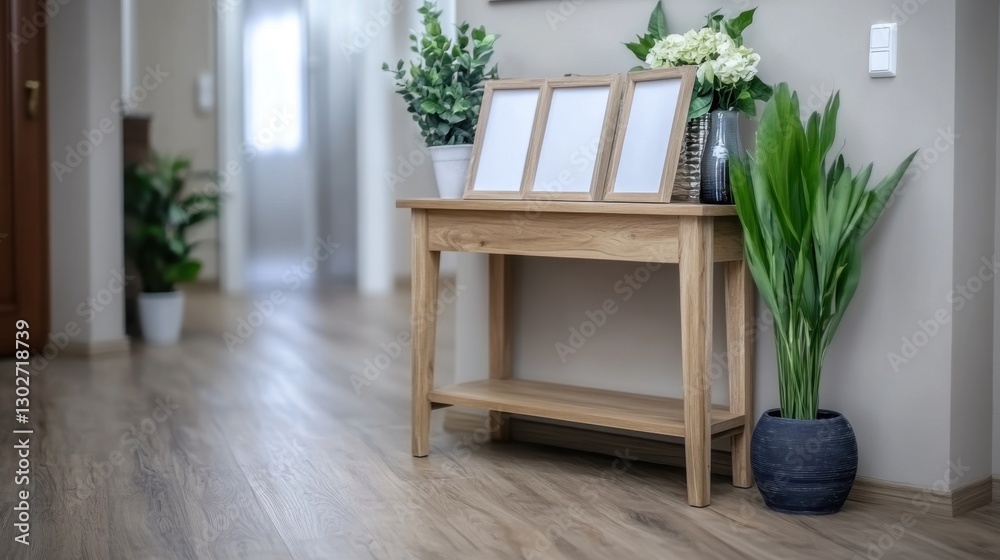 Fototapeta premium Elegant wooden hallway table with plants and blank frames