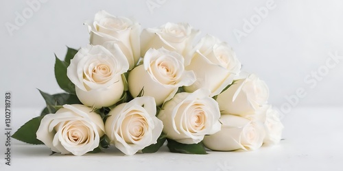 Decorated White Roses bouquet in a white minimalist solid background