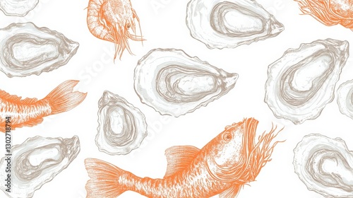 Hand-drawn Marine Life Pattern Featuring Fish, Oysters and Shrimp on White Background