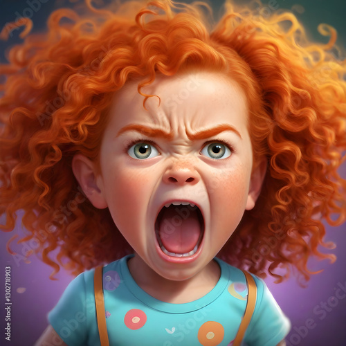 Surprised red-haired girl with long curly hair. Angry girl with red curly hair. 3 year old ginger hair child screaming illustration 	