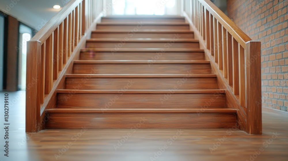 Wooden staircase with warm lighting leading to the upper floor symbolizing progress ambition career growth and steps towards success in a business setting Wooden staircase with warm lighting leading to the upper floor symbolizing progress ambition career growth and steps towards success in a business setting