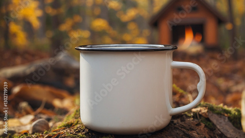 Autumn calm: a painted mug by the hearth. generative AI