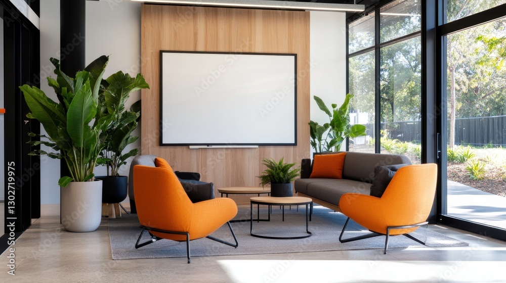 Fototapeta premium Modern office lounge with orange chairs and large windows overlooking garden
