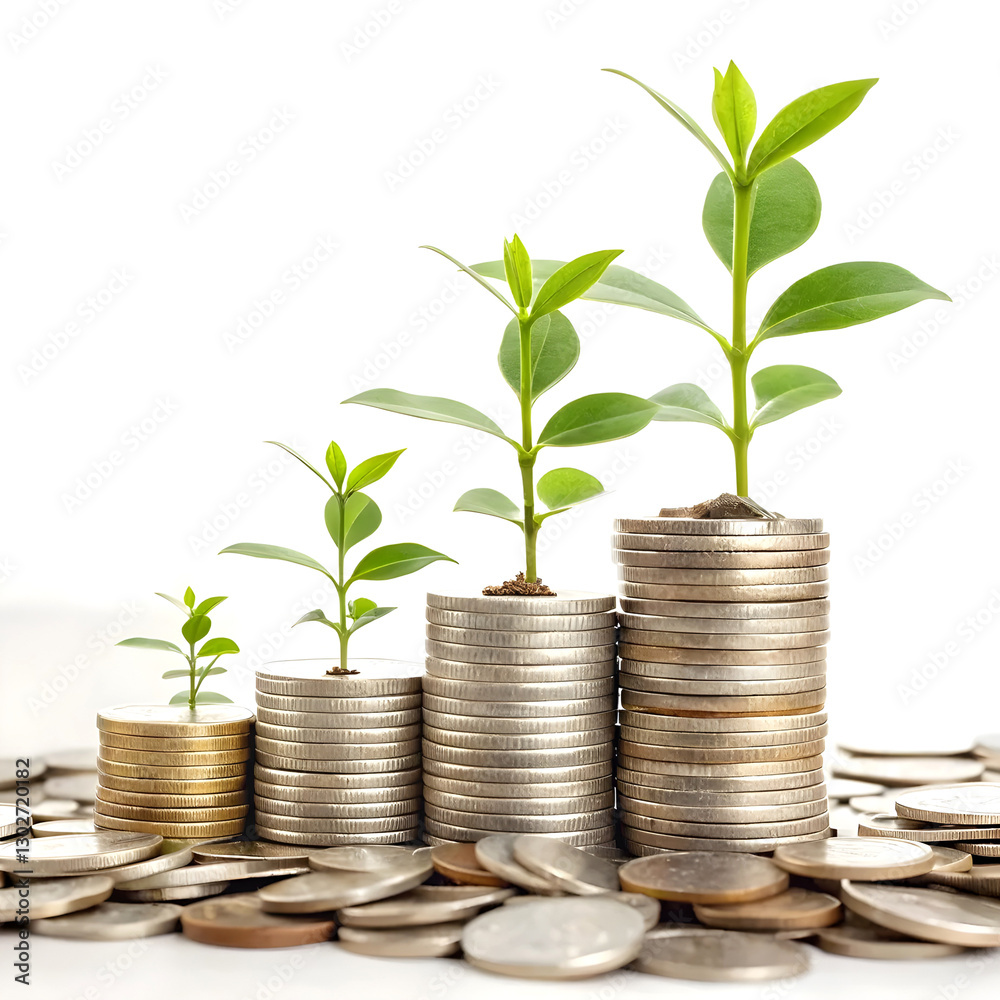 Money Growth Concept - Plants On Coin Stacks In Increase Money Growth Concept - Plants On Coin Stacks In Increase