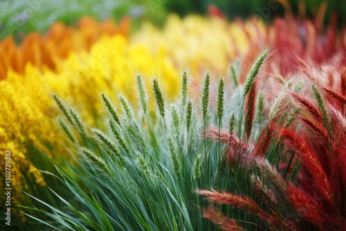 Ornamental grasses growing in a multicolored garden create a vibrant tapestry of nature's beauty