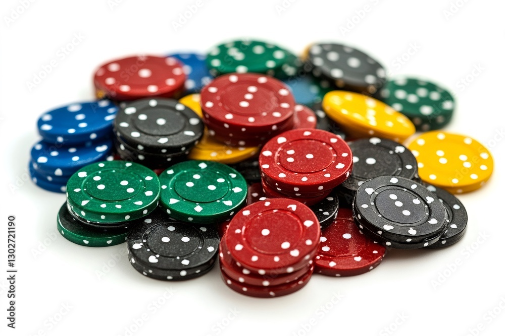 Colorful poker chips stacked on white background representing gambling and betting Colorful poker chips stacked on white background representing gambling and betting