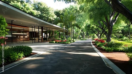 Wallpaper Mural Modern architectural design featuring a serene pathway through a lush garden landscape Torontodigital.ca
