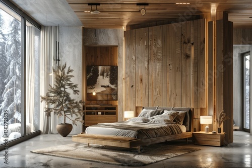 A Modern Bedroom with Wooden Furniture, a Concrete Floor, Warm Lighting in a Winter Day