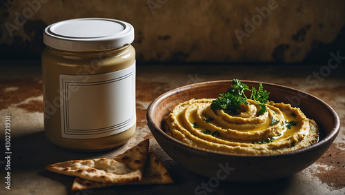 Creamy hummus in a bowl with pita bread, ideal for healthy snacks and appetizers.

