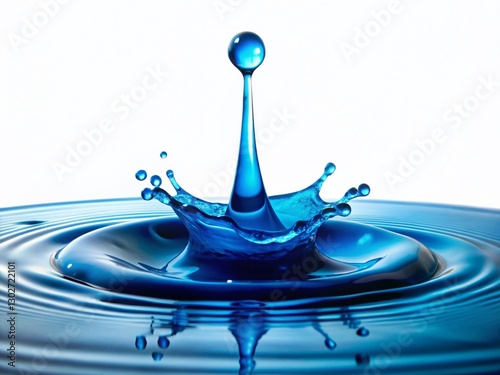 Panoramic Blue Ink Drop in Water, Abstract White Background Stock Photo