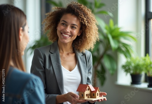 Presenting Your Dream Home: Smiling Woman in Blazer Handing Over a Model House in a Green Office Setting, Focus on Client Satisfaction
