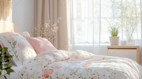 Bright and airy spring bedroom, pastel colors, soft natural light, cozy bedding with floral patterns, light and fresh decor, minimalistic yet warm atmosphere, peaceful and inviting space