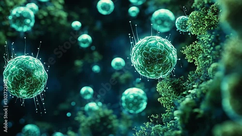 Digital illustration of glowing green microorganisms microscopic environment, showcasing intricate details and vibrant colors, evokes sense of scientific exploration and wonder biology and science.
