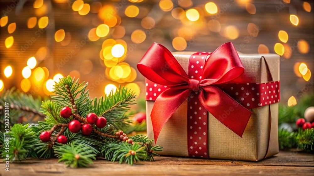 Panoramic Festive Gift with Red Bow and Greenery - Christmas Present Panoramic Festive Gift with Red Bow and Greenery - Christmas Present